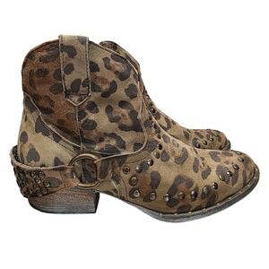 Corral Circle G Leopard Suede Studded Harness Ankle Boots Booties Womens sz 10